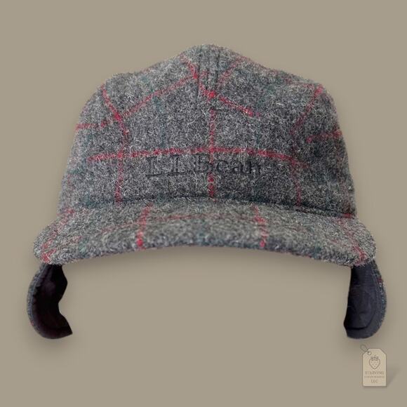 L.L. Bean Wool Plaid Winter Ear Flap Hat Gray Red Check Small - Picture 2 of 7